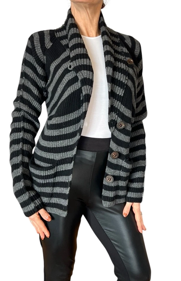 SONIA RYKIEL CÁRDIGAN SUÉTER GRIS NEGRO RAYAS CHAL CUELLO LANA CACHEMIR 40 M Foto 3 de 4