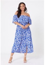 BE YOU Blue Collarless Viscose  Floral Bardot Dress