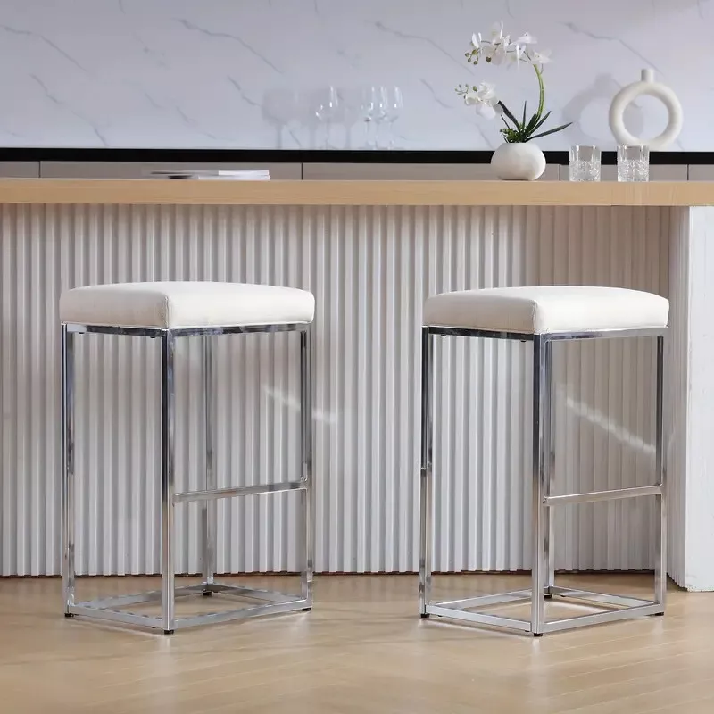 White Linen Counter Height Bar Stools, Backless Upholstered for Kitchen/Bar Pub - Image 3 of 4