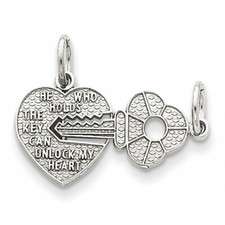 Key  Heart Break-apart Charm Pendant 14K White Gold Plated Sterling Silver
