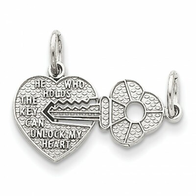 Key & Heart Break-apart Charm Pendant 14K White Gold Plated Sterling Silver
