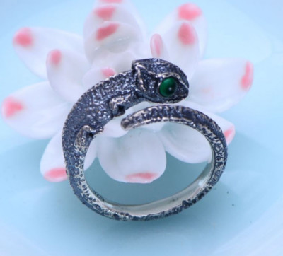 I01 Bague en Argent Sterling 925 Lézard Avec Verts Yeux Taille Ajustable