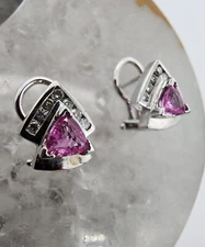 14k .585 White Gold Pink Sapphire Trillium & .14 Ctw Diamond Earring Au 2442