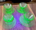 Vintage Drepression Green Uranium Glass Sherbet Dish& Plate Block Optic 8 Pc Set