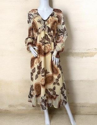 Patrons of Peace Paisley Ruffle Maxi Dress Chiffon Ivory Brown Gold S  V-Neck | eBay