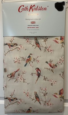 NWT Cath Kidston 2 pc Window Curtains British Birds Sage Cotton 50 x 96'' lg