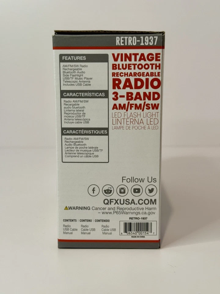 QFX Vintage Bluetooth Recharge Radio AM/FM/SW 3-Band LED Flashlight USB Aux Gift - Image 3 of 3