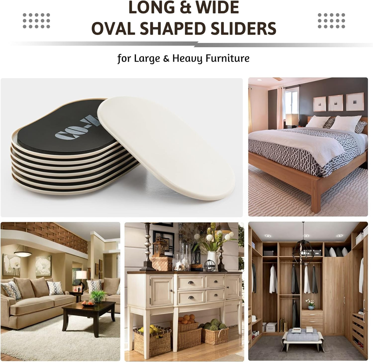 Large Furniture Sliders - 8 Pack, 6" x 9 1/2" Oval Reusable Furniture Sliders fo