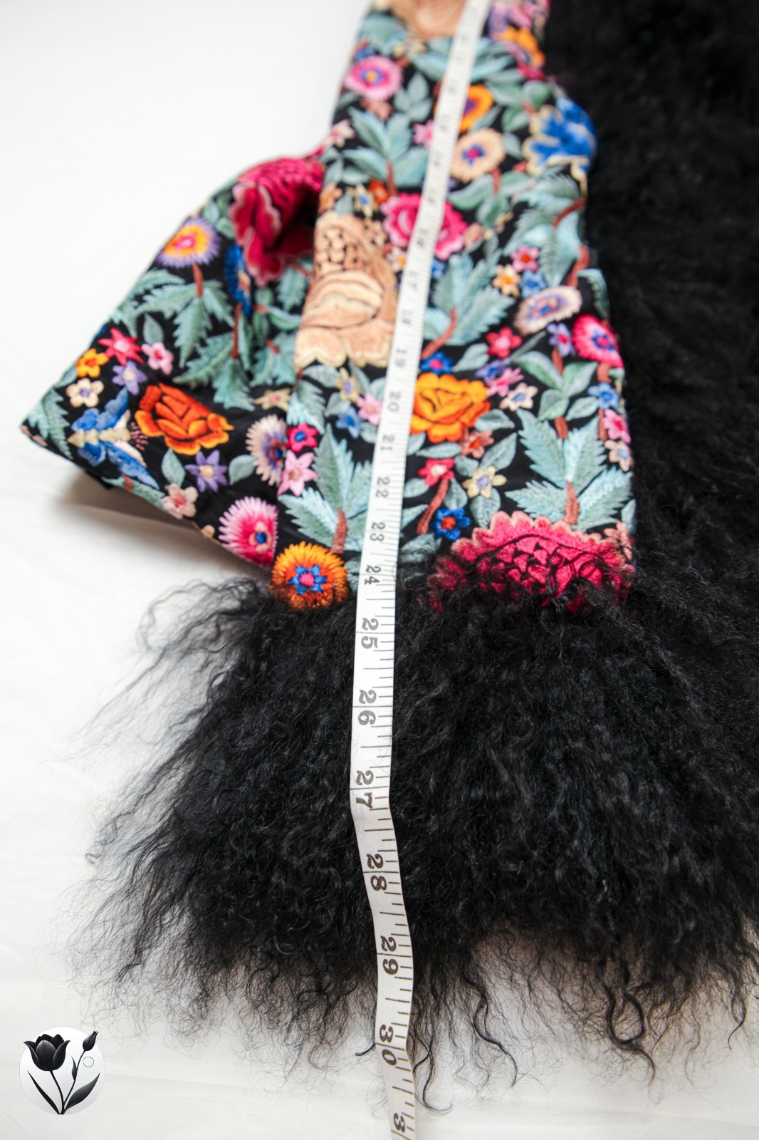 Adrienne Landau Vintage Silk Embroidered Jacket L Mongolian Lamb Fur Trim Rare