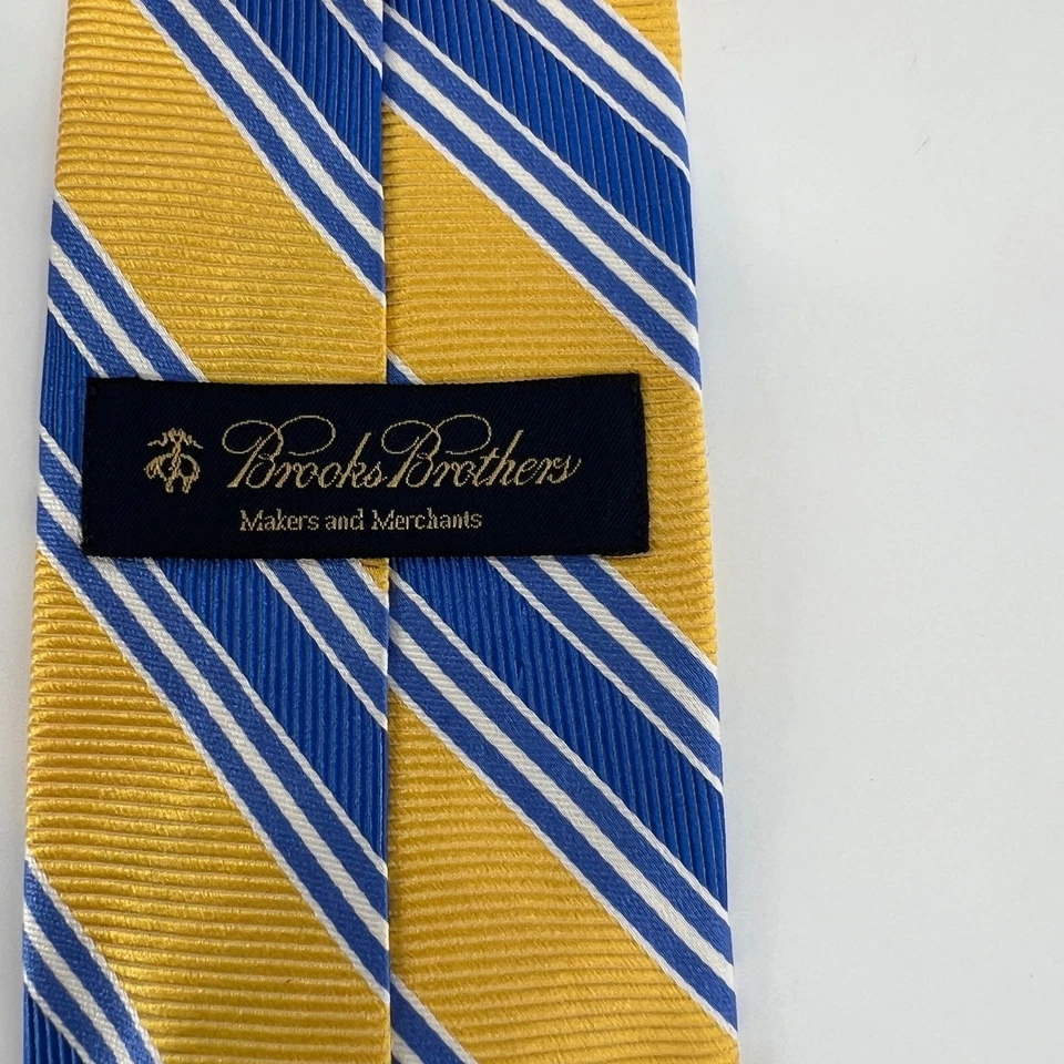 Brooks Brothers Repp полосатый шелковый галстук 3,25 дюйма желтый синий диагональная полоса мужская одежда - Изображение 4 из 4