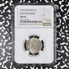 1934 Poland 2 Zlote NGC MS62 Lot#G1806 Silver! Nice UNC! Y#27