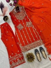 Traditional Style Chinnon Silk Orange Top And Palazzo With Dupatta For Wedding