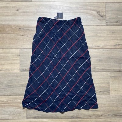 Club Monaco Women's Plaid Bias Skirt Size 2 Navy Blue Red Cream