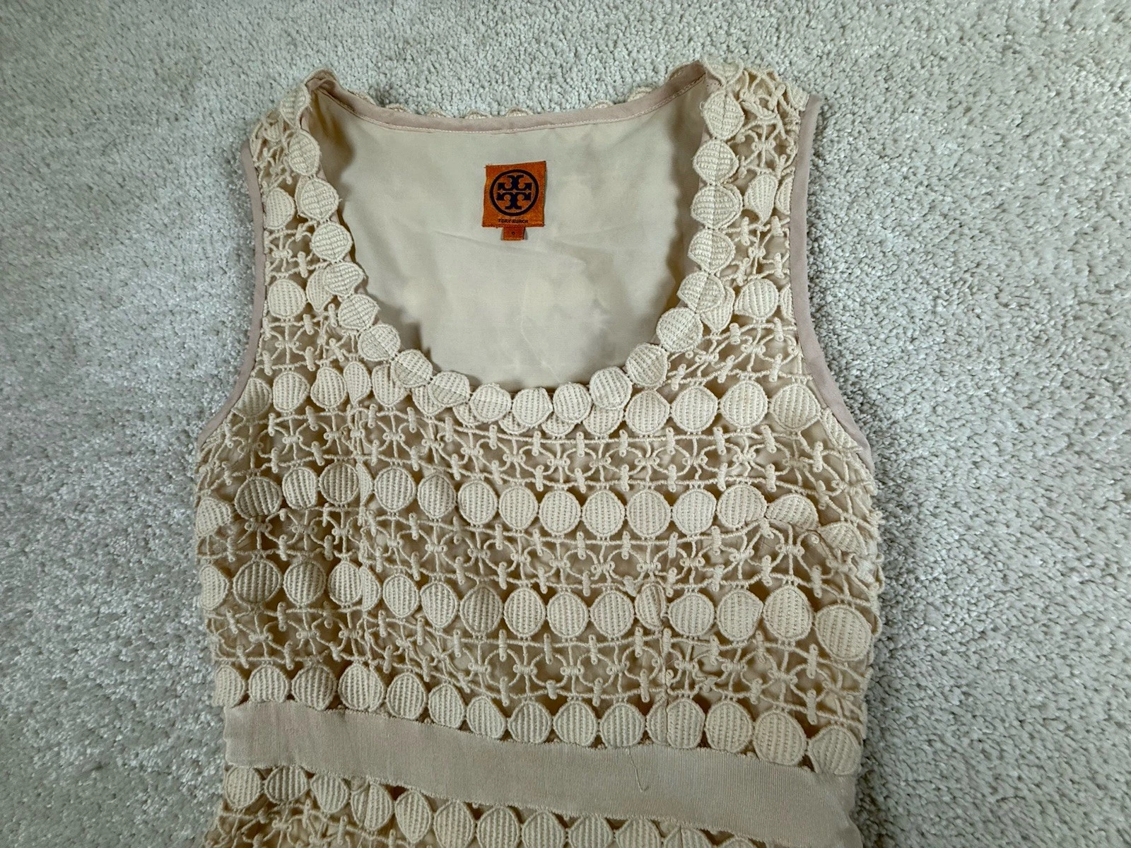 OFF WHITE Abito donna Tory Burch 6 uncinetto pizzo foderato canotta matita avorio bianco sporco