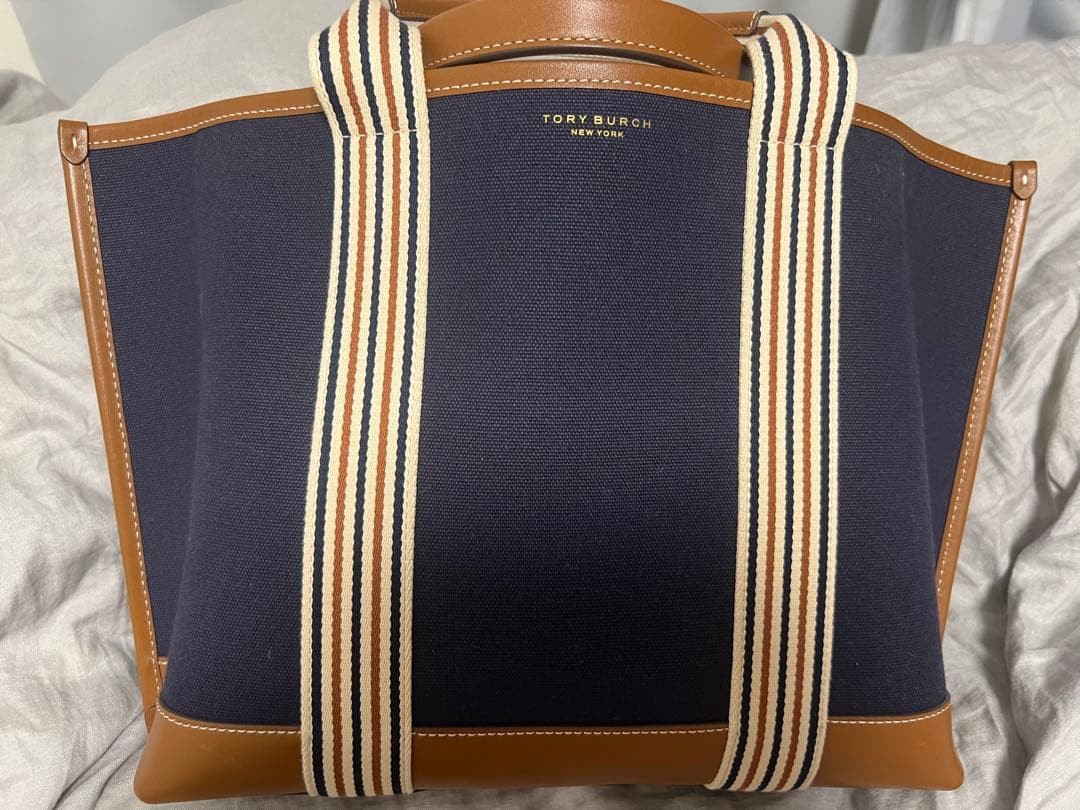Tory Burch Perry Multistripe Canvas Leather Navy Tote Bag Women's From Japan thumbnail 2