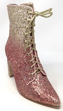 Glitter Ombre Lace Up High Heel Boots Gold Pink Block Heel Party Shoes Size 9