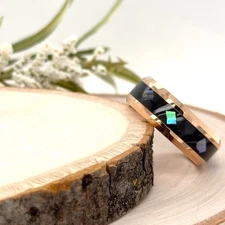 8mm Rose Gold Tungsten Engraved Band Black Faceted Opal Inlay Scratch-Proof Ring