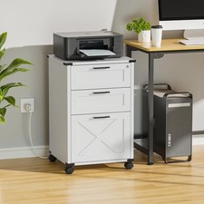 Small Wood File Cabinet W/ Charging Station & Lock 3 Drawers