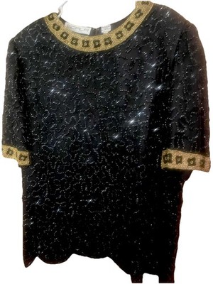 SCALA Dressy Beaded Short Sleeve Silk Top 2X Glam Cocktail Deco Black Gold