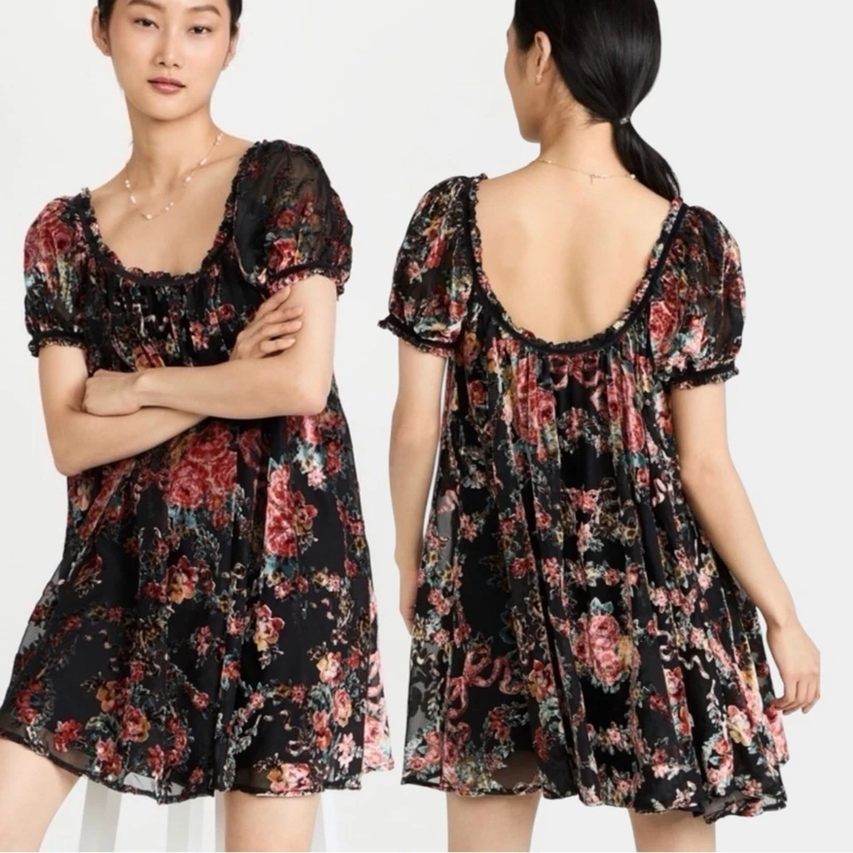 Mini Vestido Free People Delicado Romántico Terciopelo Devore Burn Out Floral Negro Pequeño Foto 4 de 4