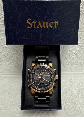 Stauer Due Volta Watch 52318 Chronograph Rose Gold Tone Black Dial Stainless NEW