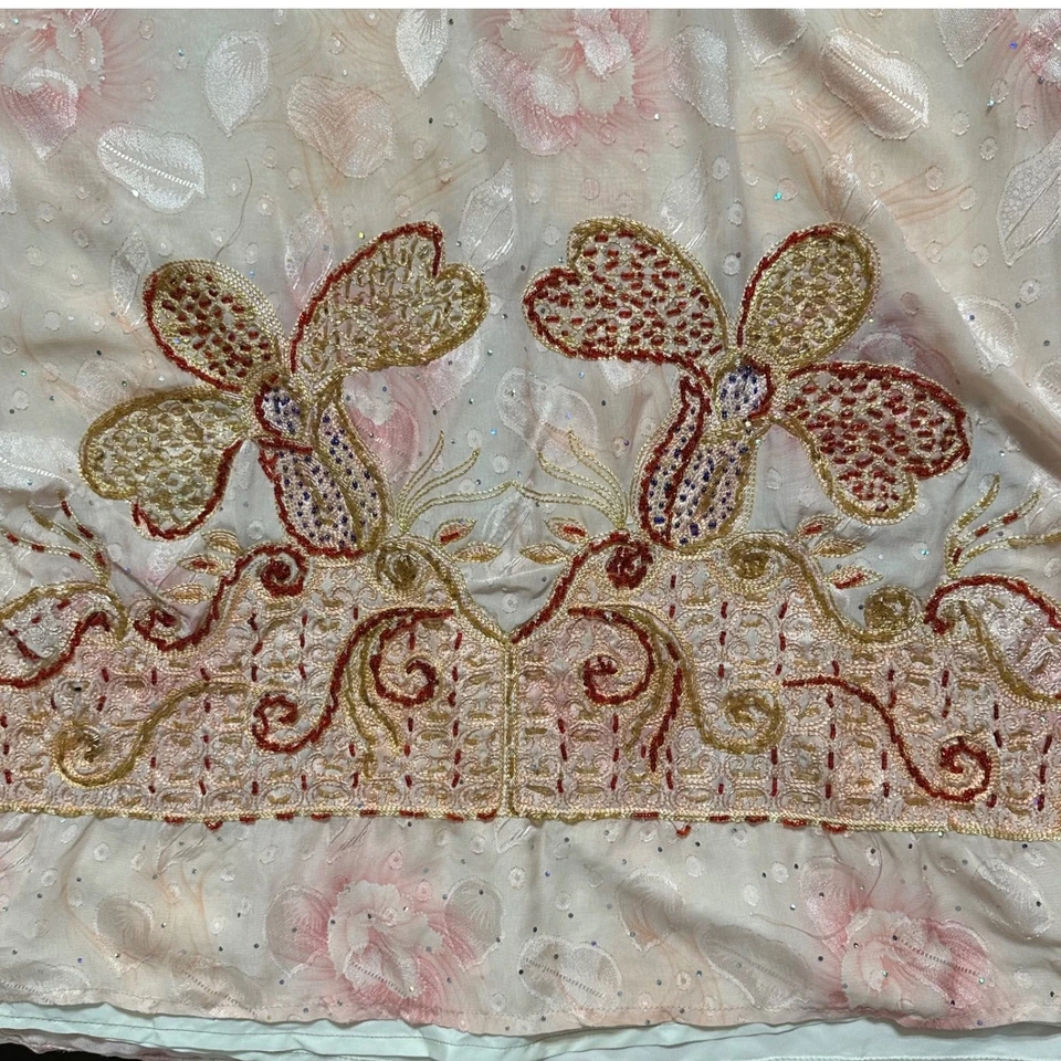 Embroidered Floral Kaftan Dress Pink Gold Tassels Beaded Sequin Maxi Bohemian M - Image 4 of 4