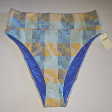 American Eagle Aerie High Cut Cheeky Bikini Bottom LARGE Blue Plaid Textured