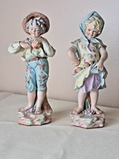 German Bisque Girl and Boy w/ fruit figurines, Creation Harvest Time, 8.5-inch