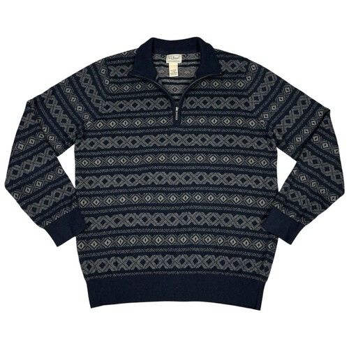LL Bean Sweater Mens Large Fair Isle Y2K Cashmere Blend Quarter Zip Pullover - Picture 12 of 14