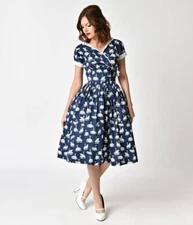 Unique Vintage 1950s Style Swan Print Waldorf Swing Dress Size M