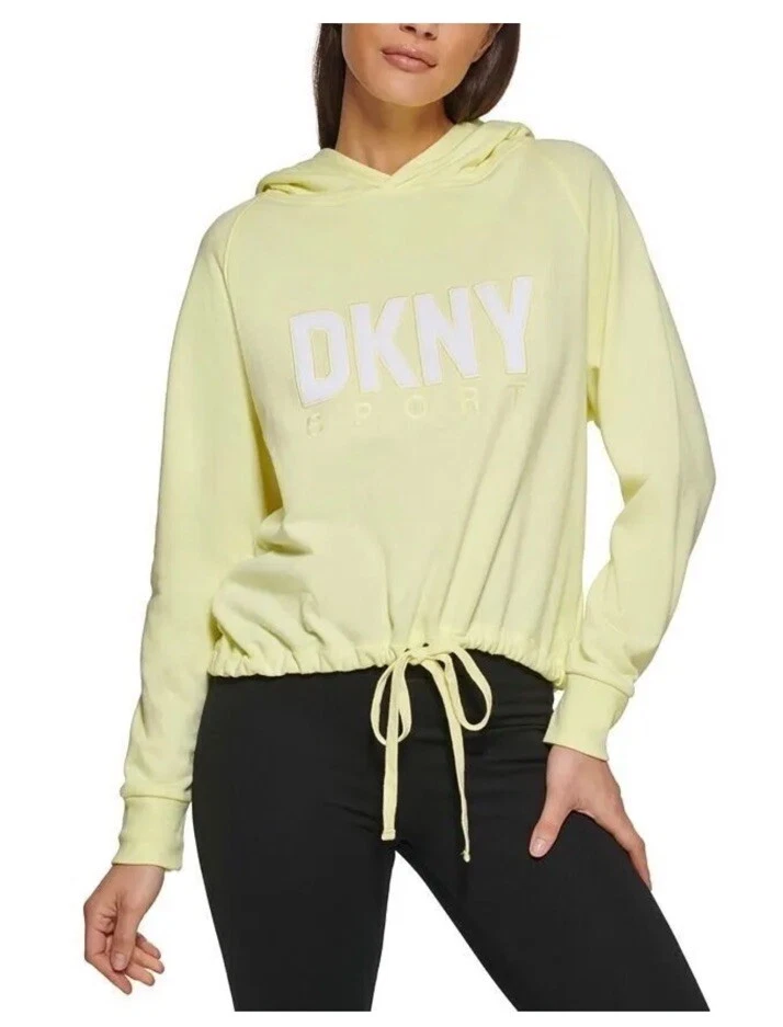 DKNY Sport Hoodie Pullover Women's Drawstring-Hem Logo Print Yellow Size M NWT