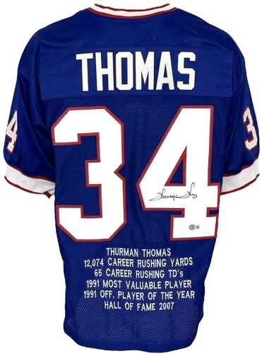 Buffalo Bills Thurman Thomas Autographed Pro Style Blue Stat Jersey BAS Authe...