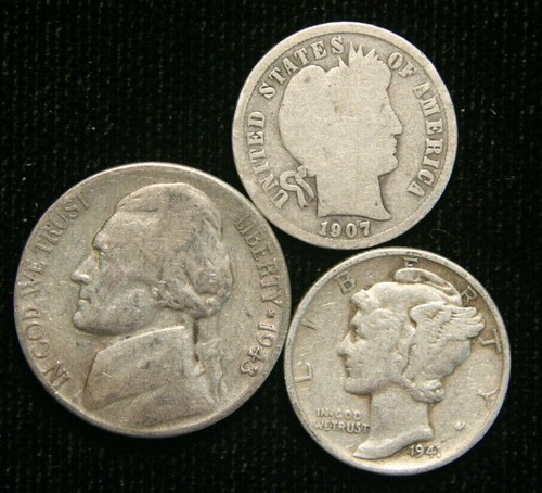 Old US Coin Estate Lot Barber Dime War Nickel Mercury Dime 3 Coin Set