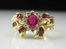3.20Ct Oval Cut Lab Created Women's Ruby Ribbon Bow Ring 14K Yellow Gold Plated