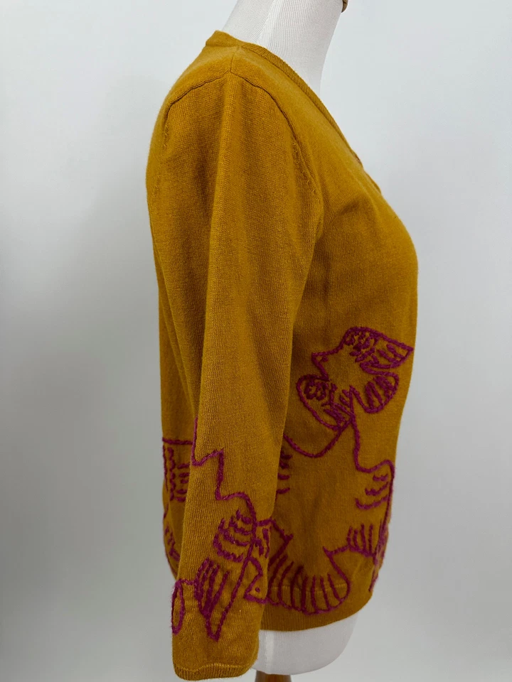 FIELD FLOWER Anthropologie Gold DOVE 鸟刺绣开衫毛衣 XS — 第 2/4 张图片