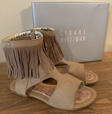 Girls Sandals Size 4 Camel Beige Tan Faux Suede Fringe Flat Stuart Weitzman $52