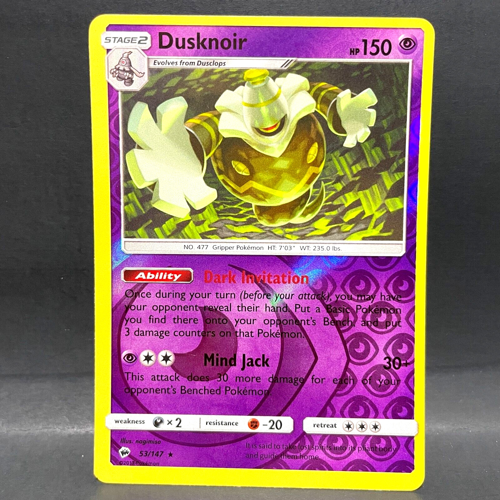 2017 POKEMON BURNING SHADOWS DUSKNOIR 53/147 REVERSE HOLO (RARE)
