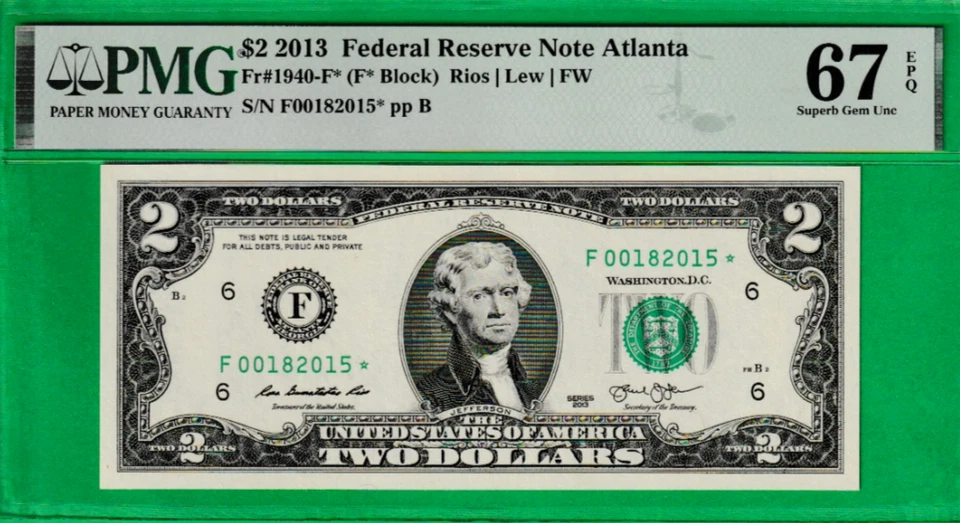 $2  Federal Reserve Note STAR ⭐ Atlanta PMG 67 BIRTH YEAR  Serial Number  "2015* - Image 2 of 3