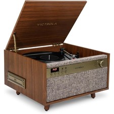 6-in-1 Bluetooth Record Player Walnut Mid- Music Center Plays