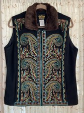 Bob Mackie Wearable Art Embroidered Vest Women M Black w/Faux Fur Collar NWOT