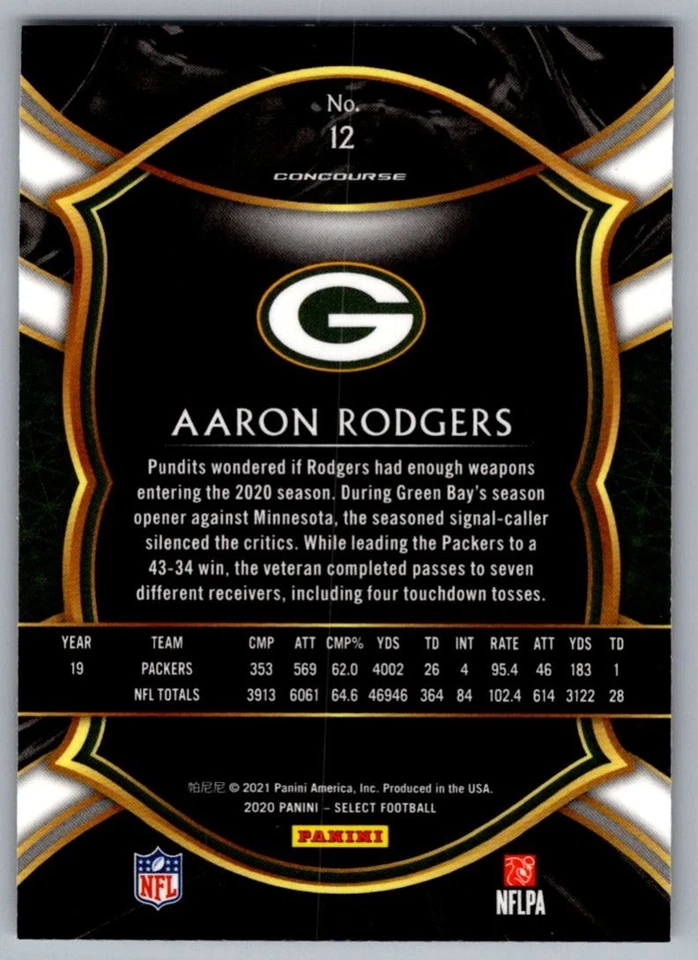2020 Panini Select Aaron Rodgers Green Bay Packers #12 - Image 2 of 2