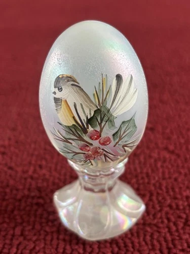 FENTON Egg On Stand Art Glass Hand Painted & Signed Bird and Holly