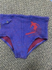 Vintage Wool Knit Swim Trunks Blue Red Surfer Graphic Button Waist 1930s