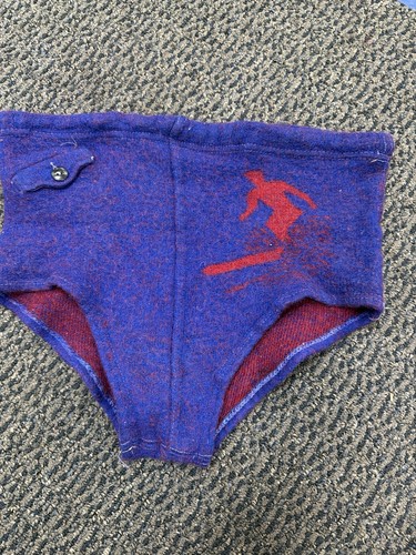 Vintage Wool Knit Swim Trunks Blue Red Surfer Graphic Button Waist 1930s