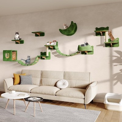 13-in-1 Cat Wall Shelves, Wall Mounted Cats Furniture Set with Plush Fabric, ...