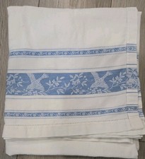 VTG White Cotton Damask Tablecloth 50x46" Blue Bird Jacquard Border Hemstitch