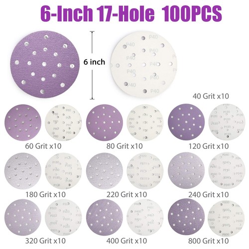 Sanding Discs, 6 Inch 17 Hole, 100PCS 40 60 80 120 180 220 240 320 400 800 Gr... - Picture 3 of 7