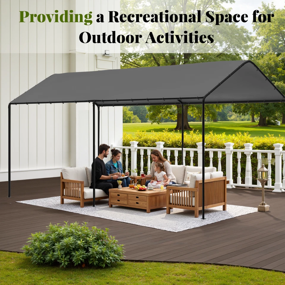 10‘ x 20’ Heavy Duty Grey Garage All-Season Outdoor Carport Car Canopy with Tarp - Image 3 of 4