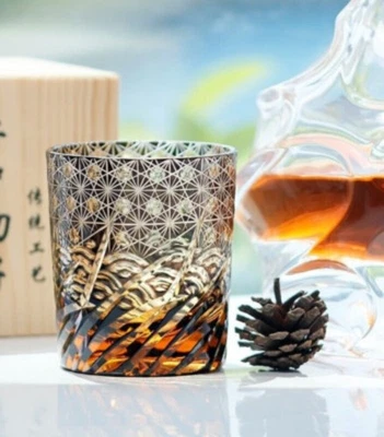 CRYSTAL CLEAR Edo Kiriko Hand Cut Clear Crystal Whiskey Glass Tumbler Drinkware 9oz Black