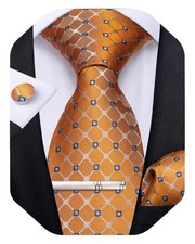  Plaid Ties for Men Silk Checkered Necktie and Pocket Square Cufflinks Orange